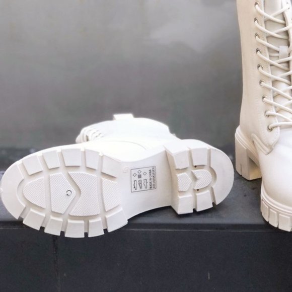 NEW Laced Up Lug Sole Zipper Back Faux Leather Combat Boots Booties Stone Ivory - Picture 7 of 10